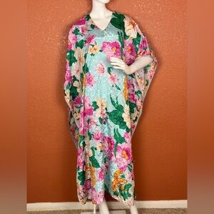 Sante Caftan Kaftan Dress One Size Tropical Floral Teal Green Paisley. E31